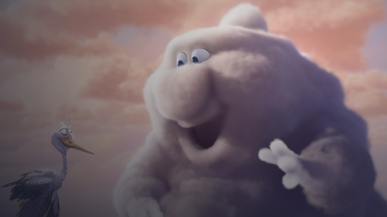 A fluffy, kind cloud smiles at his stork friend.