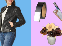 Left: A woman wearing Cole Haan Racer leather jacket on blue background. Right: A Calvin Klein leather jacket, Dalstrong Valhalla series chefs knife, and leather roses on pink background.