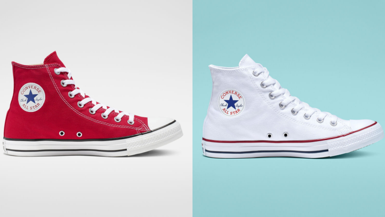 Converse high tops in red and white.
