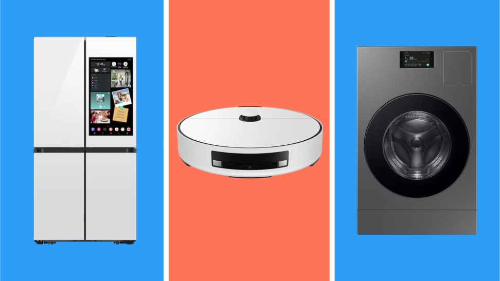 Various discounted Samsung appliances in front of colored backgrounds.