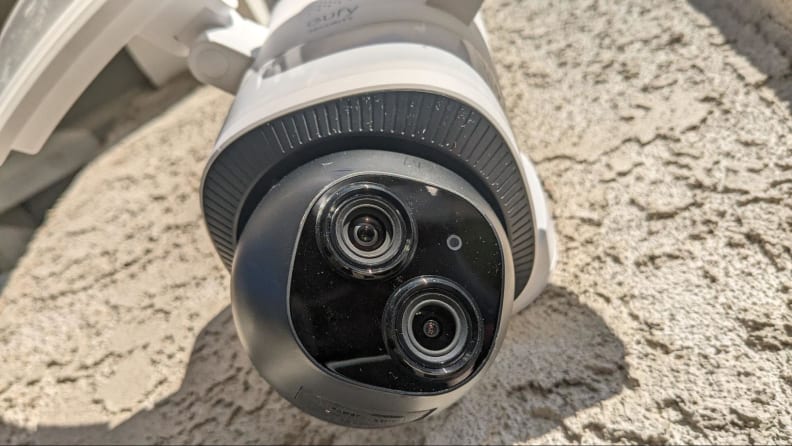 An up-close view of the two camera lenses on the Eufy Floodlight Camera E340.