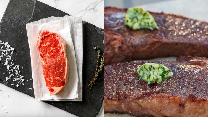 On left, raw steak on marble cutting board next to coarse salt pile. On right, two cooked steaks with green chimichurri on top.
