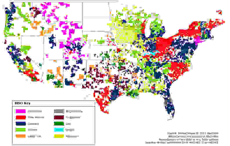 A map showing the territories cable/internet providers control.