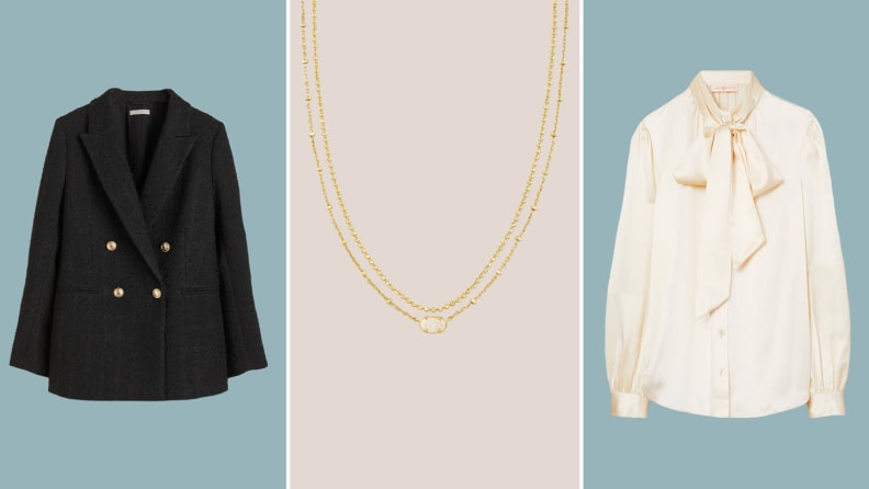 A black blazer, delicate gold necklace, and a white, silky blouse with a bow.