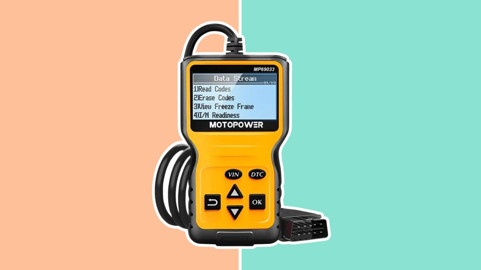 A yellow and black Motopower Car Scanner, on a orange and green background.