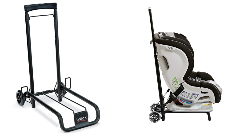 On the left: a black metal travel cart with wheels. On the right: a Britax carseat attached to the travel cart.