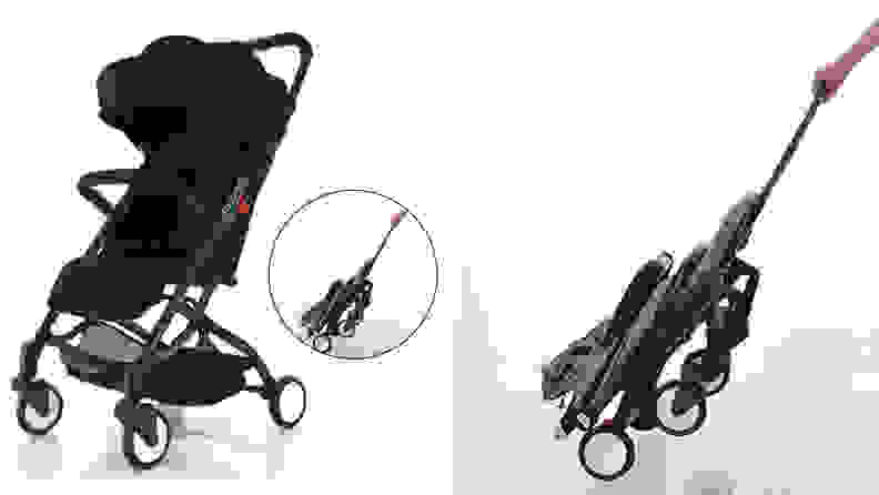 The Roll & Go stroller compactly folds and comes with a convenient handle that lets you roll it around, rather than have to carry it.