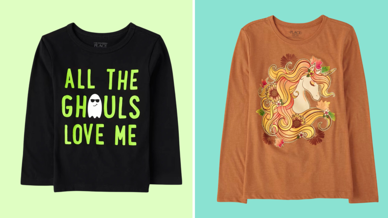 Two graphic tees: One is black and says "The Ghouls Love Me." The other is brown and has a fall-themed unicorn.