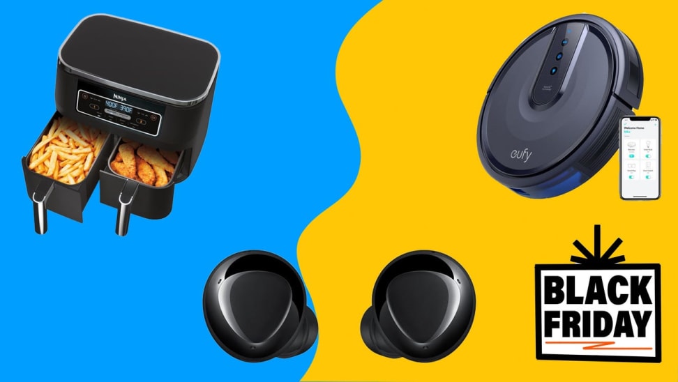 Air Fryer, black wireless airbuds, and robot vacuum together.