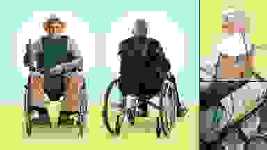 Photo collage showing front and back views of a wheelchair harness, fall detection device, and anti-slip cushion