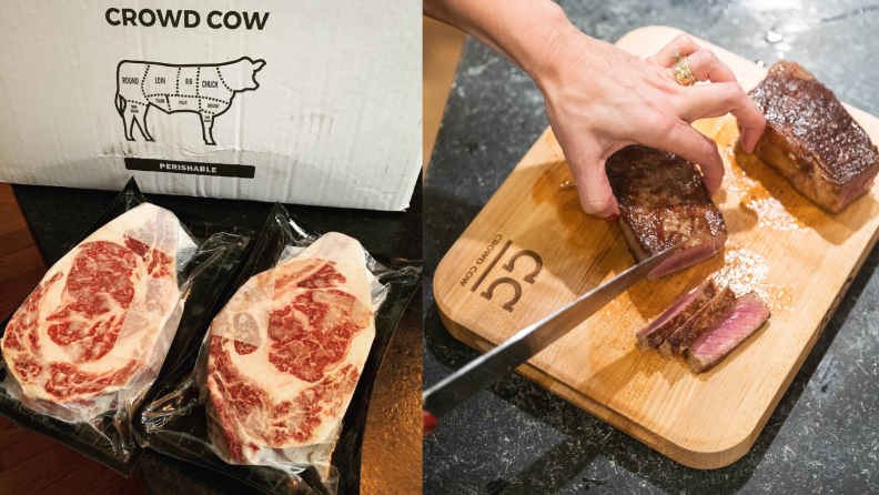 Left: frozen meat next to a Crowd Cow box, right: cooked meat being sliced on a wooden cutting board
