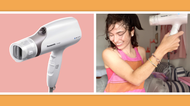 On left, white Panasonic Nanoe hair dryer. On right, person smiling while holding up hair dryer to dry hair.