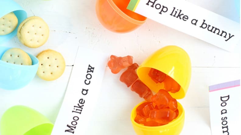Easter eggs filled with candy, crackers, and fun exercises for little ones to do.