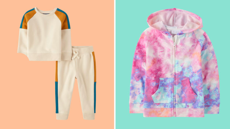 Two activewear sets. One is white with fall-shaded color-blocks. The other is tie-dye in pink and blue hues.