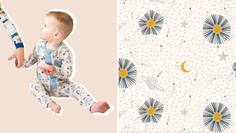 On left, toddler sitting while wearing printed Magnetic Me coverall. On right, multicolored children's print.