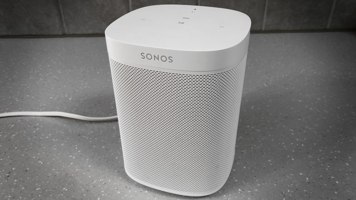 White Sonos One on kitchen counter