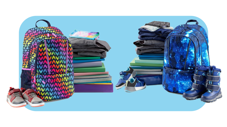 Colorfully printed backpack next to stack of books and children's books next to galaxy blue patterned backpack, stack of books and children's boots.