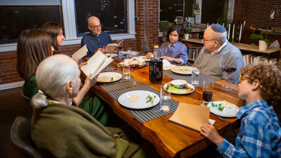 A family celebrates Passover at home.