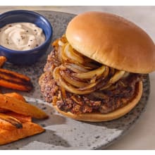 Product image of Smoked gouda burgers and roasted carrots (vegetarian option available)