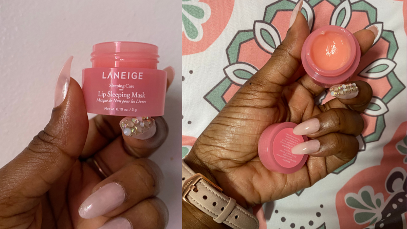 The author holding the Laneige Lip Sleeping Mask Jar open in her hand.