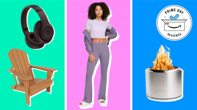 A collection of discounted items with the Prime Day Reviewed badge in front of colored backgrounds.