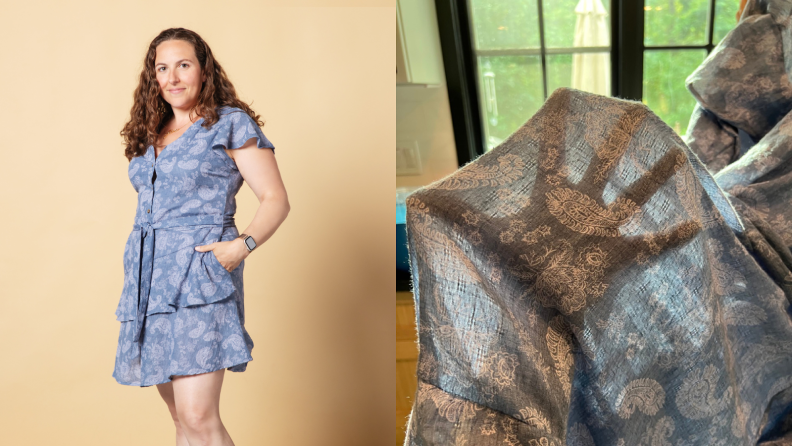Left: Woman wearing a short blue paisley tiered faux wrap dress with one hand in a pocket. Right: Light shining through the material showing the obvious outline of a hand in the fabric.