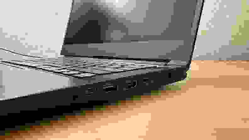 Close-up shot of the two USB-A 3.2 Gen1 ports, one USB-C 3.2 Gen2 port, a Thunderbolt 4 port (USB-C), a single HDMI port on the side of the Origin EON14-S gaming laptop.