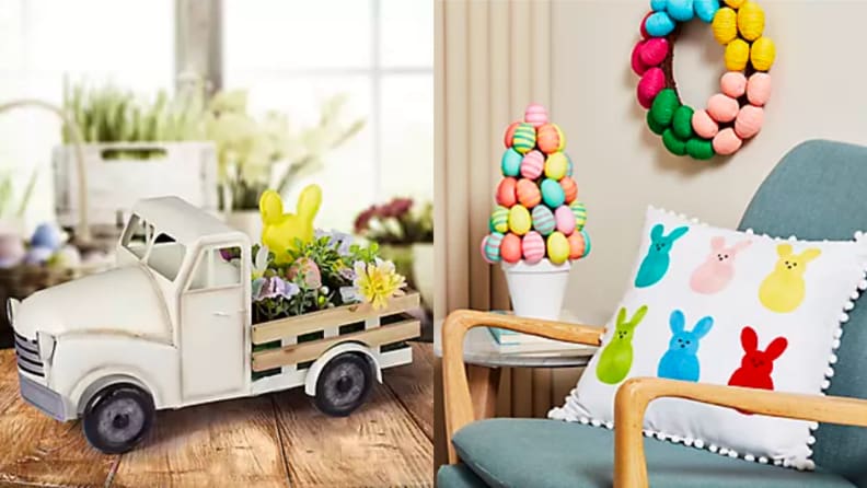 Une image d'un petit camion en bois sur une table transportant de fausses fleurs et un petit lapin de Pâques, à côté d'une image d'une chaise bleue avec un oreiller clouté de lapin de Pâques dessus.