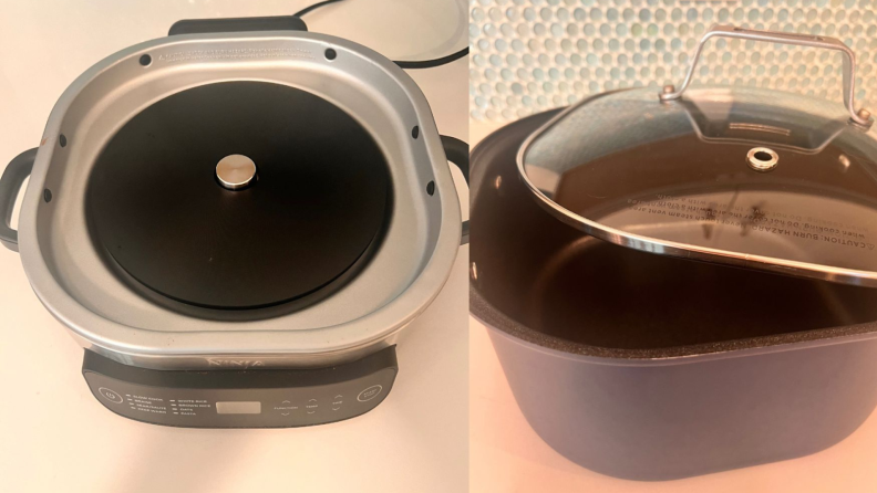 On the left, a close up view of the circular cooktop inside of the Ninja Foodi PossibleCooker slow cooker. On right, the Ninja Foodi PossibleCooker's 6-quart pot and lid on a countertop.