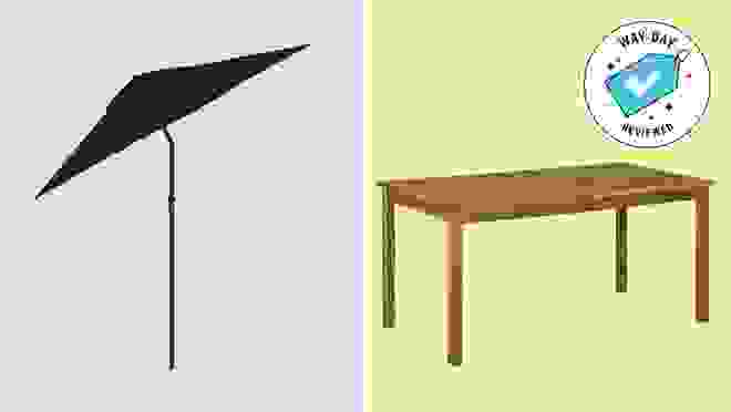 BLACK UMBRELLA AND WOODEN TABLE IIN COLLAGE