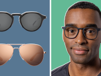 On left, product shots of persol and aviator sunglasses from Roka. On right, model smiling while wearing eyeglasses.