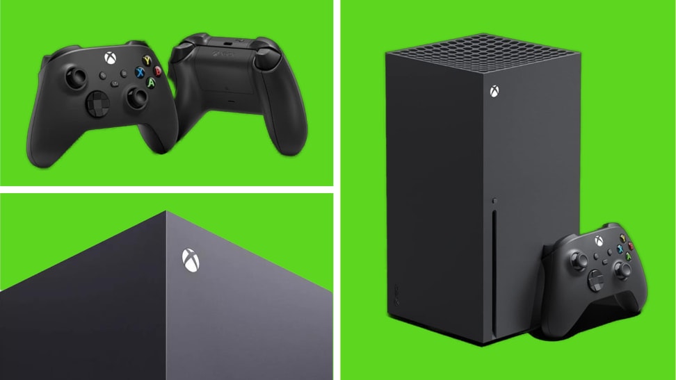 An Xbox Series X console with a set of controllers near it in front of a green background.