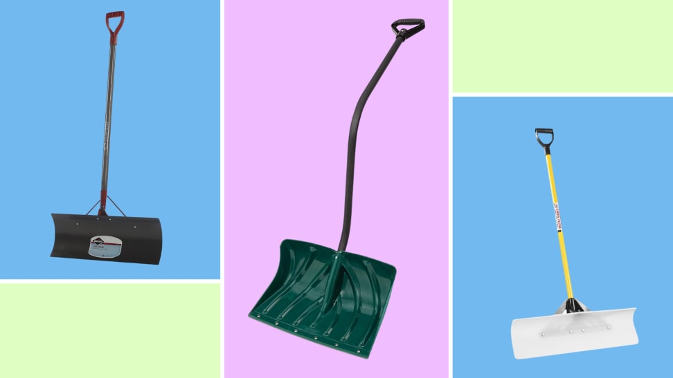 Three snow shovels against a colorful background.