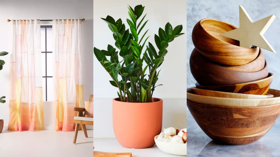 1) Close up of an ombré orange pair of curtains. 2) Close up of a house plant. 3) Close up on a stack of wooden bowls.