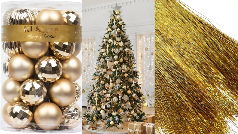 On left, gold Christmas ornaments. In middle, retro Christmas tree adorned with lavish gold ornaments above presents. On right, gold tinsel.