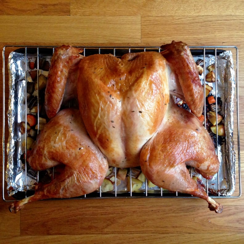 A spatchcocked turkey cooks much faster than a traditional turkey.