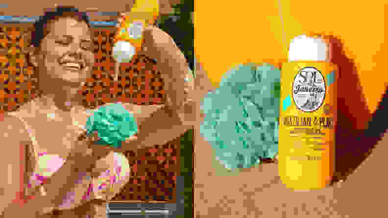 On the left: A person pouring body wash onto a loofa while showering. On the right: A yellow container of body wash leaning up against a surfboard next to a turquoise loofa.