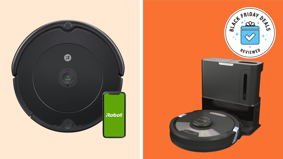 Two robot vacuums with the Black Friday Deals Reviewed badge in front of colored backgrounds.