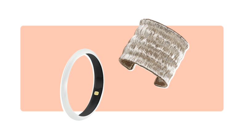 two bracelets: silver bangle and woven cuff