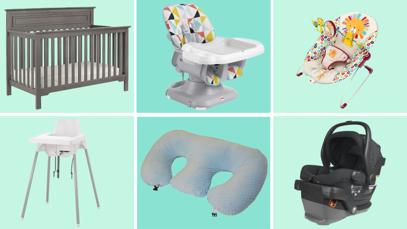 Product shots of the DaVinci Autumn 4-in-1 Convertible Crib, Fisher Price combination high chair/booster seat, Bright Starts Portable Baby Bouncer, Ikea Antilorp high chair,  Twin Z double pillow and MESA V2 Infant Car Seat.