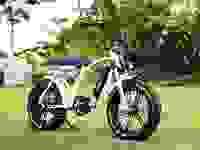 一辆白色Addmotor电动自行车停在草地上的照片。