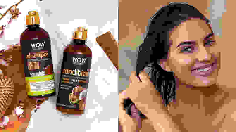 The Wow Skin Science Apple Cider Vinegar Shampoo and Hair Conditioner Set and a woman washing her hair.