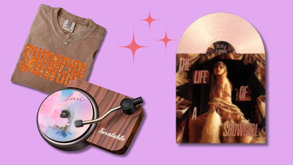 Showgirl t-shirt, vinyl air freshener and Taylor Swift album on a purple background
