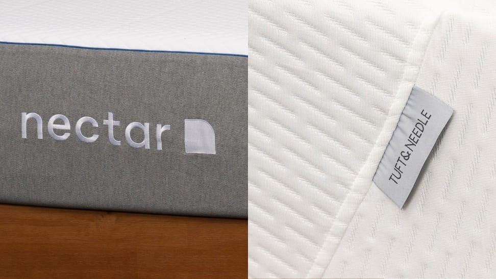 On the left, the Nectar mattress logo in white stitching on a gray background, on the right, the Tuft & Needle tag