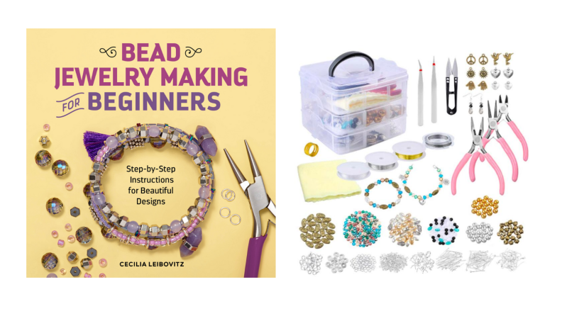 An image of a jewelry making book next to a jewelry kit that includes pliers, beads, wire, and more.