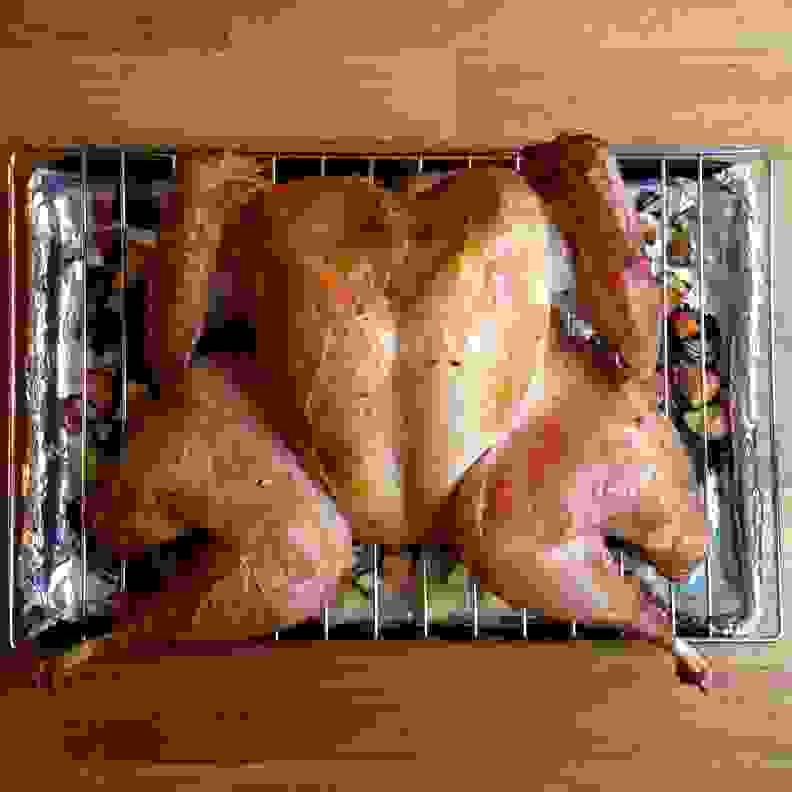A spatchcocked turkey cooks much faster than a traditional turkey.