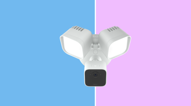 The Blink Wired Floodlight Camera on a pink and blue background
