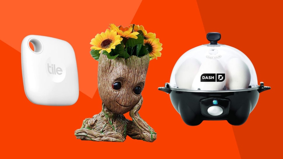 A Tile keychain fob, a Groot planter, and an egg cooker.
