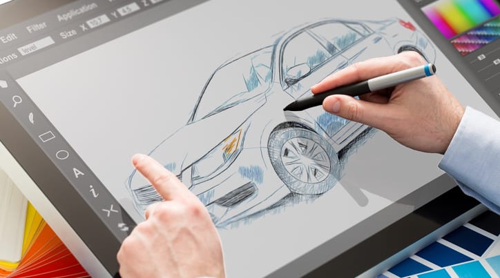 Person coloring a car on tablet with stylus