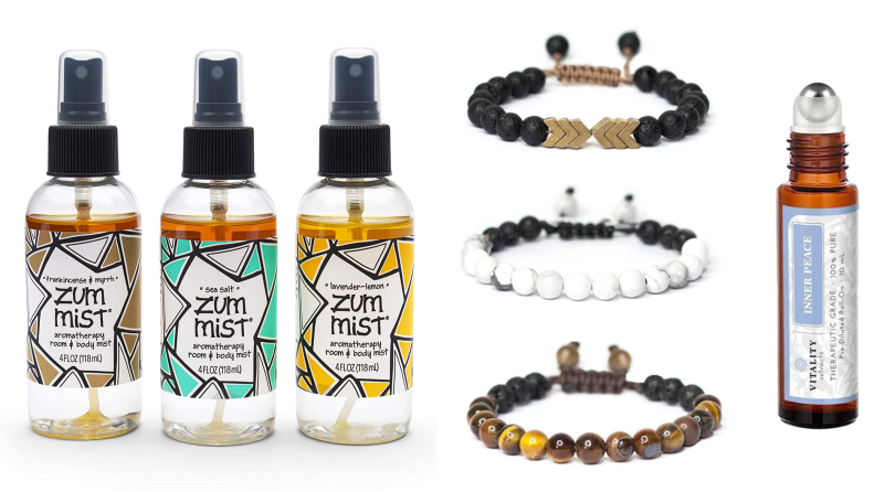 Aromatherapy bottles and bracelets on a white background.